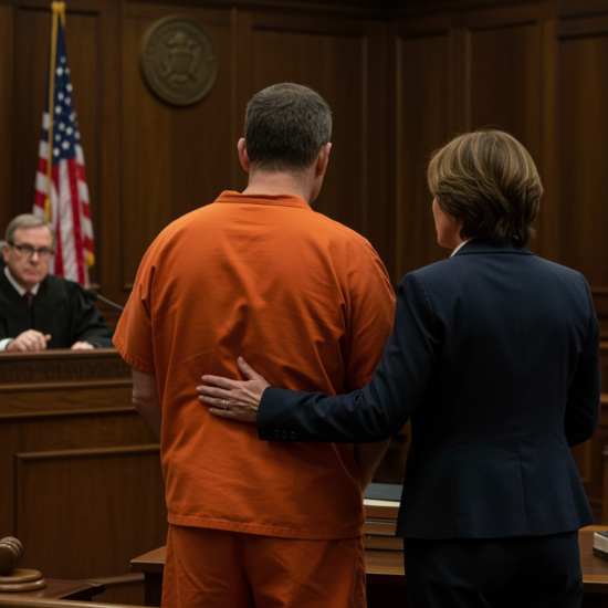 Attorney and client standing in front of judge.