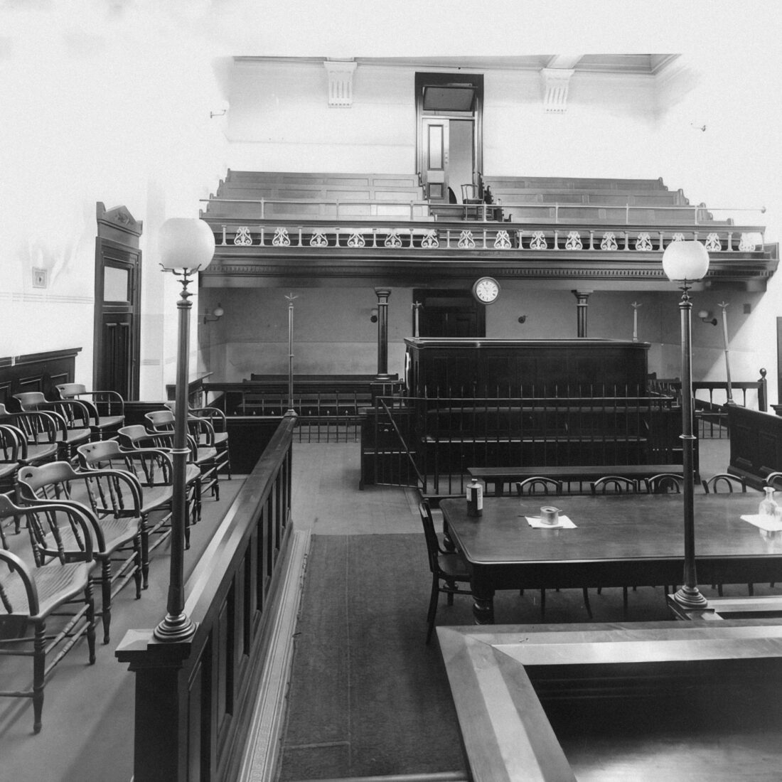 An empty courtroom, including the jury box.